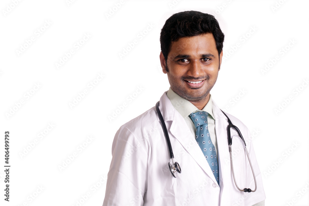 Fototapeta premium portrait of Indian young male medical worker. isolated on white