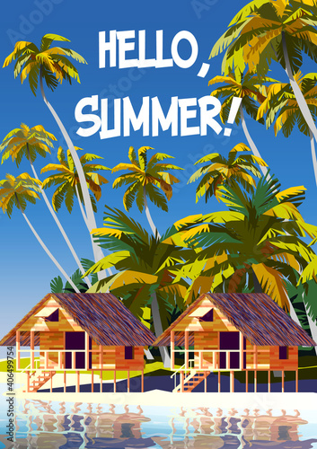 Tropical Beach Landscape with traditional houses and palm trees.