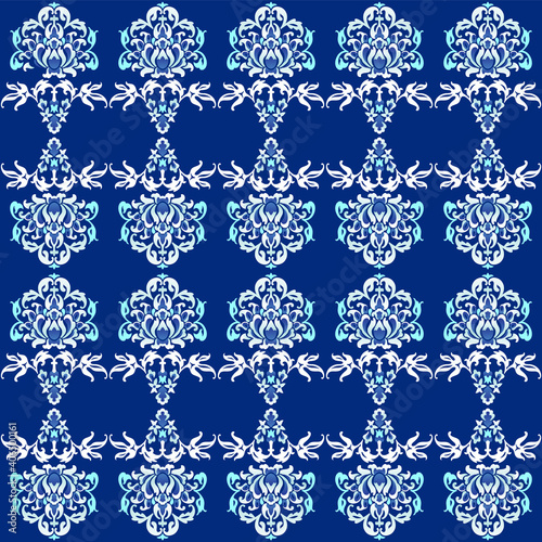 Seamless vector floral pattern,  ornate Damask arabian style vintage ornaments in blue and white colors, simple and elegant background for custom print and design.