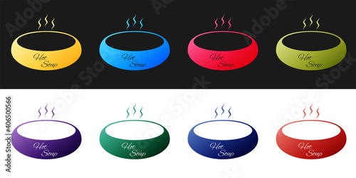 Set Bowl of hot soup icon isolated on black and white background. Vector.