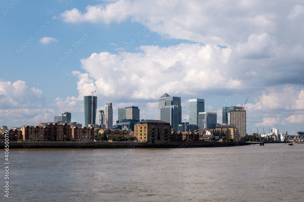 London skyline with Canary Wharf district by Thames river