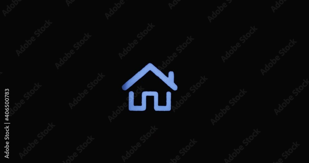 Flashing house icon on a black background. Flashing blue symbol. Flashing house icon on a black background. Flashing blue symbol.