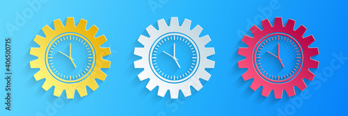 Paper cut Time Management icon isolated on blue background. Clock and gear sign. Productivity symbol. Paper art style. Vector.