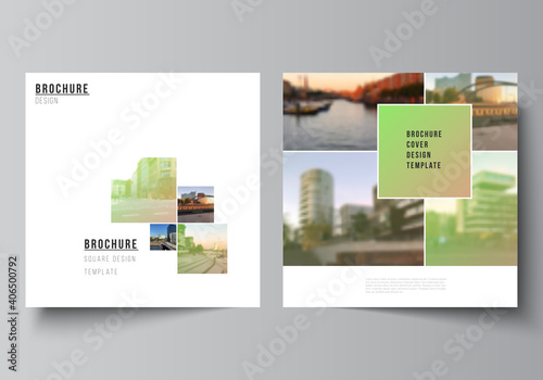 Vector layout of two square format covers design templates for brochure, flyer, magazine, cover design, book design, brochure cover. Abstract project with clipping mask green squares for your photo.