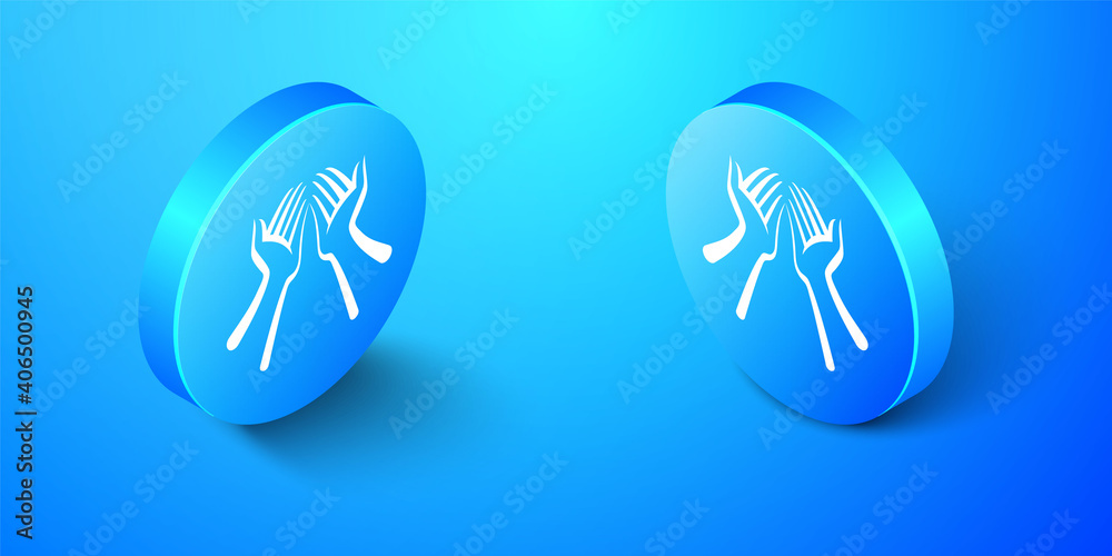 Isometric Hands icon isolated on blue background. Blue circle button. Vector. Isometric Hands icon isolated on blue background. Blue circle button. Vector.