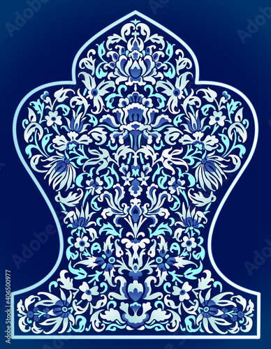 Vector floral islamic Arabian ornamental composition in lapis blue and white colors for custom textile design and print.