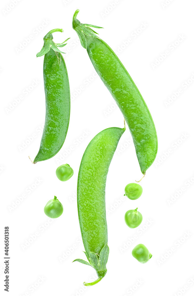 Fresh green pea pods and peas isolated on a white background, top view. Fresh green pea pods and peas isolated on a white background, top view.