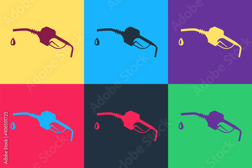 Pop art Gasoline pump nozzle icon isolated on color background. Fuel pump petrol station. Refuel service sign. Gas station icon. Vector.