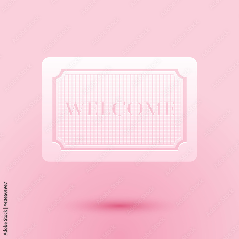 Paper cut Doormat with the text Welcome icon isolated on pink background. Welcome mat sign. Paper art style. Vector. Paper cut Doormat with the text Welcome icon isolated on pink background. Welcome mat sign. Paper art style. Vector.