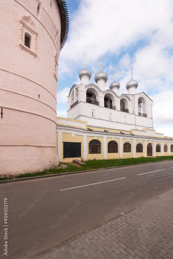 The Golden Ring of Russia. Part of the fortress tower of the ancient Rostov Kremlin and the bell tower