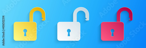 Paper cut Open padlock icon isolated on blue background. Opened lock sign. Cyber security concept. Digital data protection. Safety safety. Paper art style. Vector.