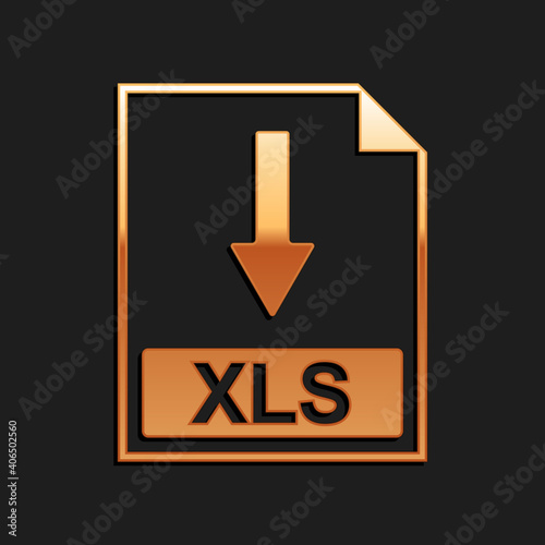 Gold XLS file document icon. Download XLS button icon isolated on black background. Long shadow style. Vector.