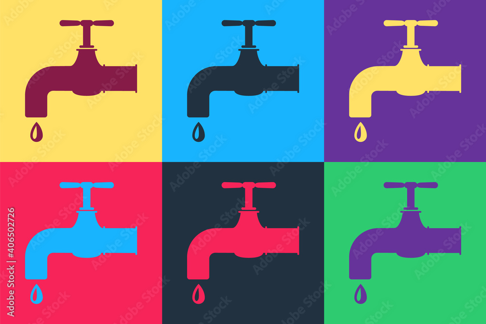 Pop art Water tap with a falling water drop icon isolated on color background. Vector.