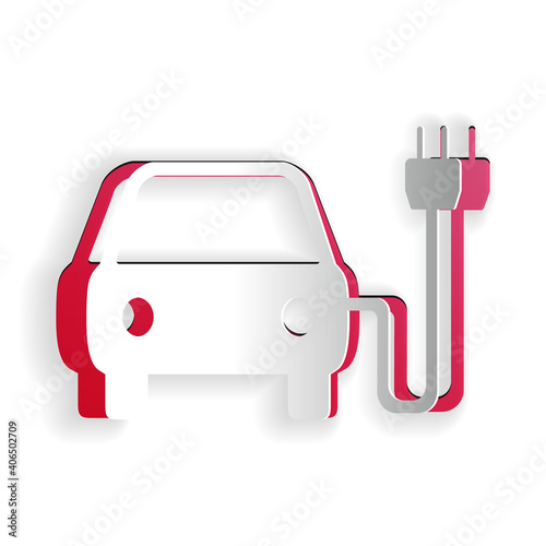 Paper cut Electric car and electrical cable plug charging icon isolated on white background. Electric car charging sign. Renewable eco technologies. Paper art style. Vector.