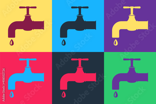 Pop art Water tap with a falling water drop icon isolated on color background. Vector.