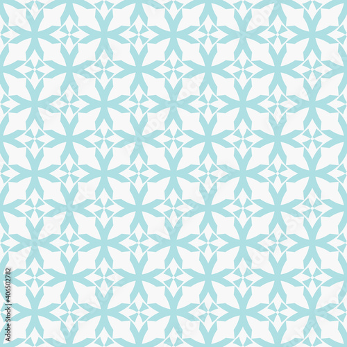 Abstract geometric seamless pattern. Subtle vector texture with curved shapes, grid, lattice, crosses, floral silhouettes. Simple blue and white background. Gothic style ornament. Repeatable design