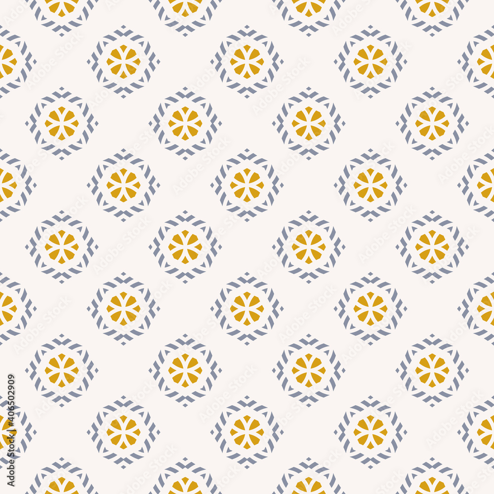 Vector geometric seamless pattern. Elegant ornament texture with flower silhouettes, diamonds. Abstract ornamental floral background in yellow, blue and white color. Repeat design for decor, print