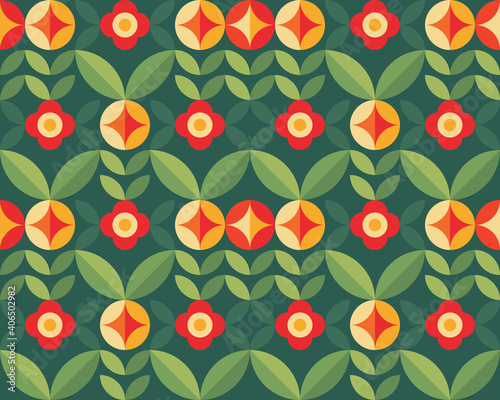 Flowers and leaves nature background. Abstract geometric seamless pattern. Decorative ornament in retro vintage design flat style. Floral backdrop. Vector illustration. 