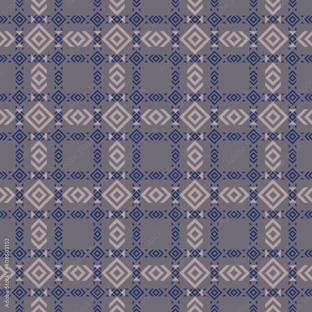Ethnic ornament. Vector geometric seamless pattern with rhombuses, squares, triangles, grid. Tribal motif. Dark blue, lilac and gray color. Abstract background texture. Vintage style. Repeat design