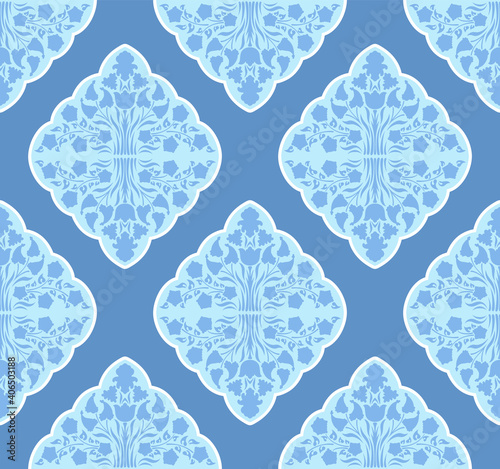 Vector Arabian Islamic floral decorative seamless vector pattern. Exotic Boho arabesque ornamental textile design in various shades of blue colors for custom design.