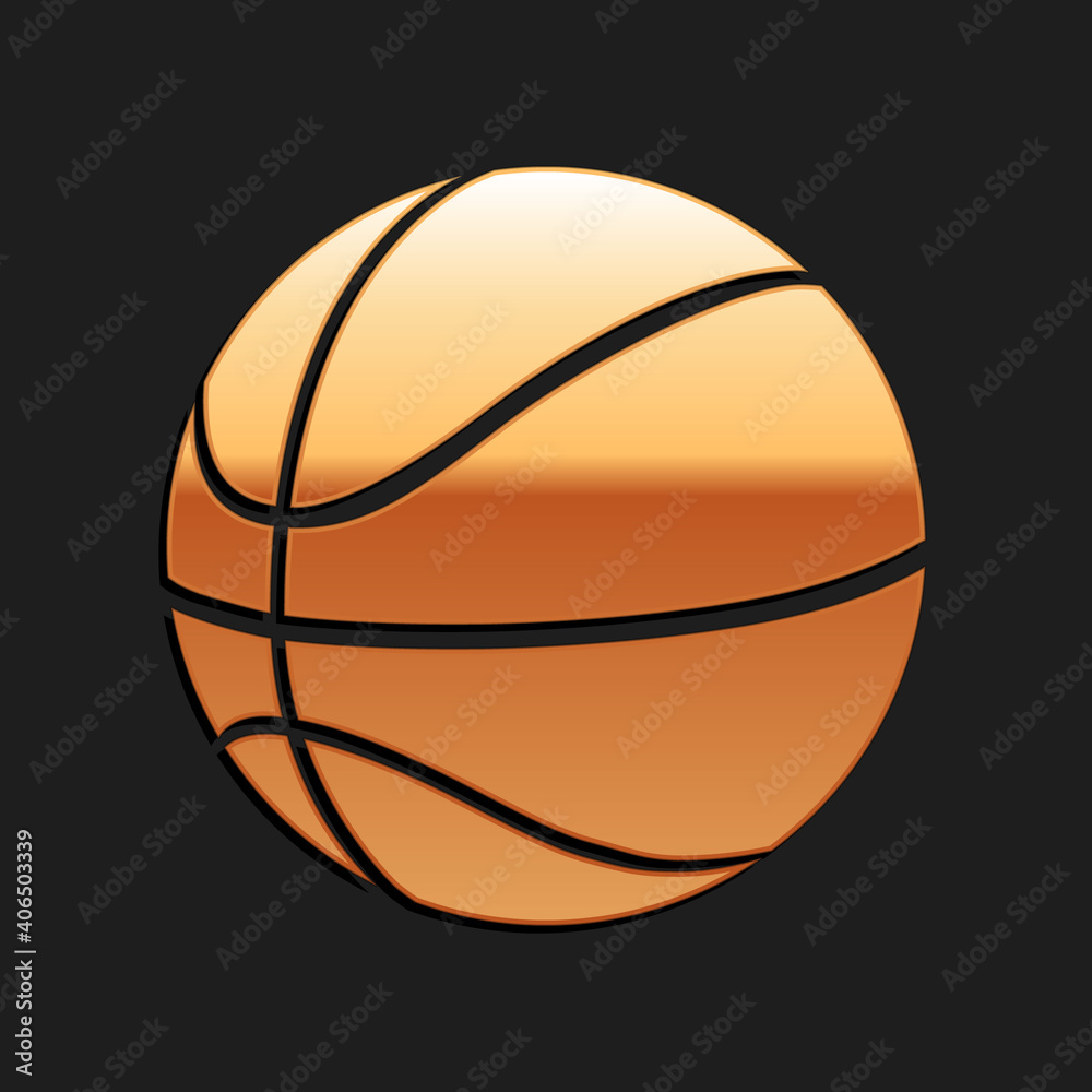 Gold Basketball ball icon isolated on black background. Sport symbol. Long shadow style. Vector.