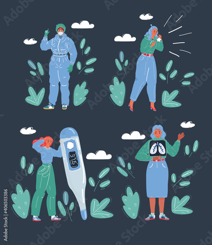 Vector illustration of flu symptoms influenza woman. Character sets. Doctor with mask, cough, x-ray of lung, woman with fever with thermometer.
