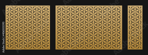 Laser cut patterns. Vector set with geometric ornaments in Oriental style, hexagonal grid. Elegant minimal stencil for laser cutting of metal, wood, decorative panel. Aspect ratio 1:1, 3:2, 1:3