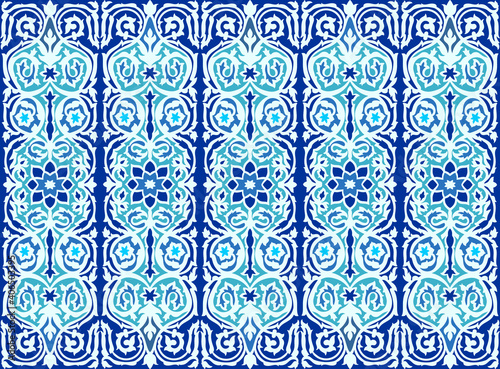 Seamless pattern in lapis blue and turquoise oriental style. Arabesque islamic floral decorative ornament for custom design and print.