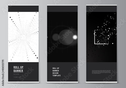 Vector layout of roll up design templates for vertical flyers, flags design templates, banner stands. Black color technology background. Digital visualization of science, medicine, tech concept.