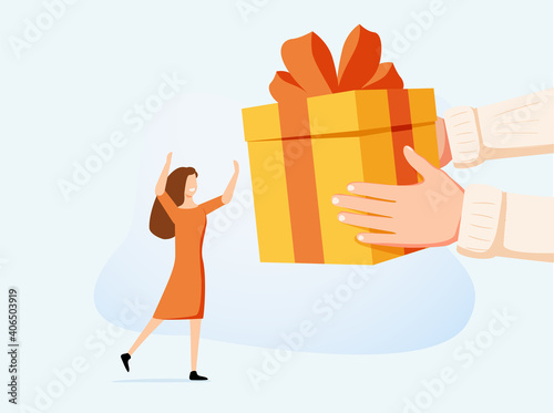 Vector image on a blue background, male hand gives a box with a bow to a woman, gift or surprise, isometric.