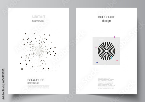 Vector layout of A4 cover design templates for brochure, flyer layout, booklet, cover design, book design. Black color technology background. Digital visualization of science, medicine, tech concept.