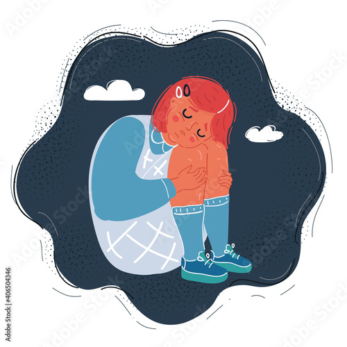 Vector illustration of sad girl child does not want to listen to anyone and constantly cries. He feels bad, lonely, sad, offended