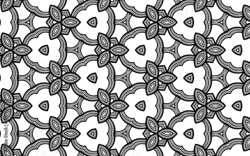 Doodling ethnic geometric background of traditional oriental Indian figures. Abstract black white template. Patterned texture for coloring book, textile, stained glass.