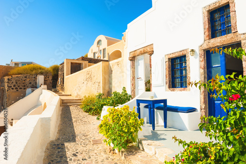 Traditional greek white architecture with blue doors and windows. Santorini island, Greece.