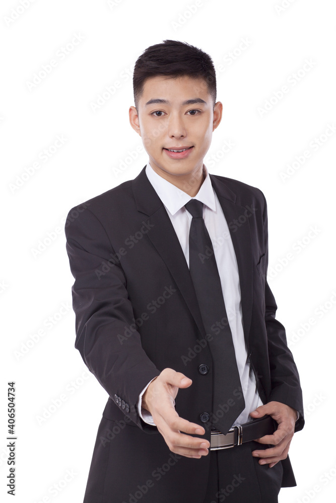 Portrait of business man holding hand greeting Portrait of business man holding hand greeting