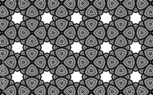 Ethnic geometric background in Indian doodling style. Abstract black white template. Patterned isolated texture with folk Indian figures for coloring book, textile, stained glass.