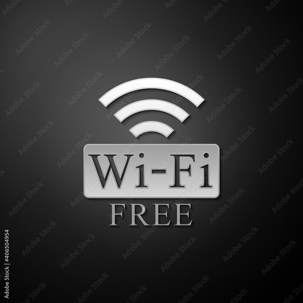 Silver Free Wi-fi icon isolated on black background. Wi-fi symbol. Wireless Network icon. Wi-fi zone. Long shadow style. Vector. Silver Free Wi-fi icon isolated on black background. Wi-fi symbol. Wireless Network icon. Wi-fi zone. Long shadow style. Vector.