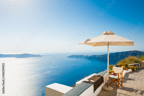 Beautiful view of Santorini island, Greece. Summer landscape, sea view. Travel destinations concept
