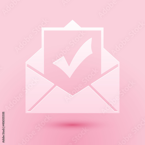 Paper cut Envelope with document and check mark icon isolated on pink background. Successful email delivery confirmation, successful verification concept. Paper art style. Vector.