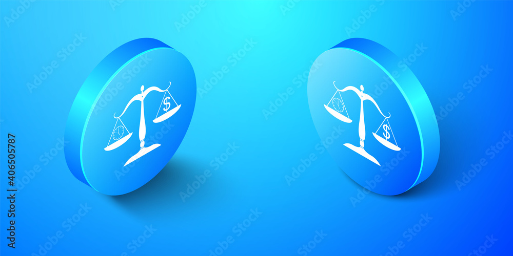 Isometric Scale weighing money and time icon isolated on blue background. Scales with hours and a coin. Balance between work and the given time. Blue circle button. Vector. Isometric Scale weighing money and time icon isolated on blue background. Scales with hours and a coin. Balance between work and the given time. Blue circle button. Vector.