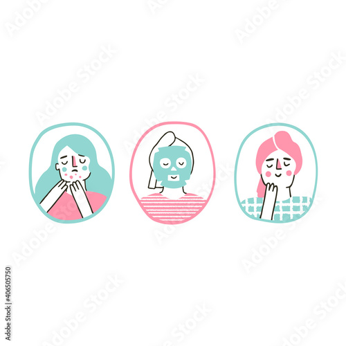 Young girl is sad about her acne skin before acne treatment. Wearing a tissue mask as a part of her morning routine. Before after skincare concept. Vector illustration in a flat hand drawn style
