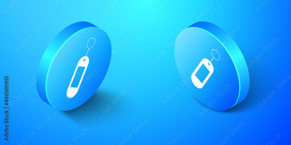 Isometric Key chain icon isolated on blue background. Blank rectangular keychain with ring and chain for key. Blue circle button. Vector. Isometric Key chain icon isolated on blue background. Blank rectangular keychain with ring and chain for key. Blue circle button. Vector.
