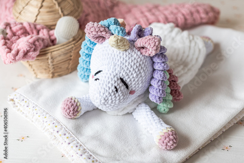 Handmade pajama bag first baby toy unicorn, sleepwear organizer