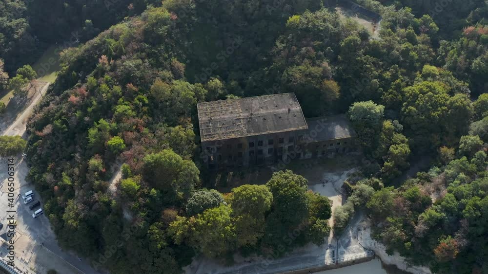 Abandoned ruins of Okunoshima in Japan, Aerial Pan Shot Abandoned ruins of Okunoshima in Japan, Aerial Pan Shot