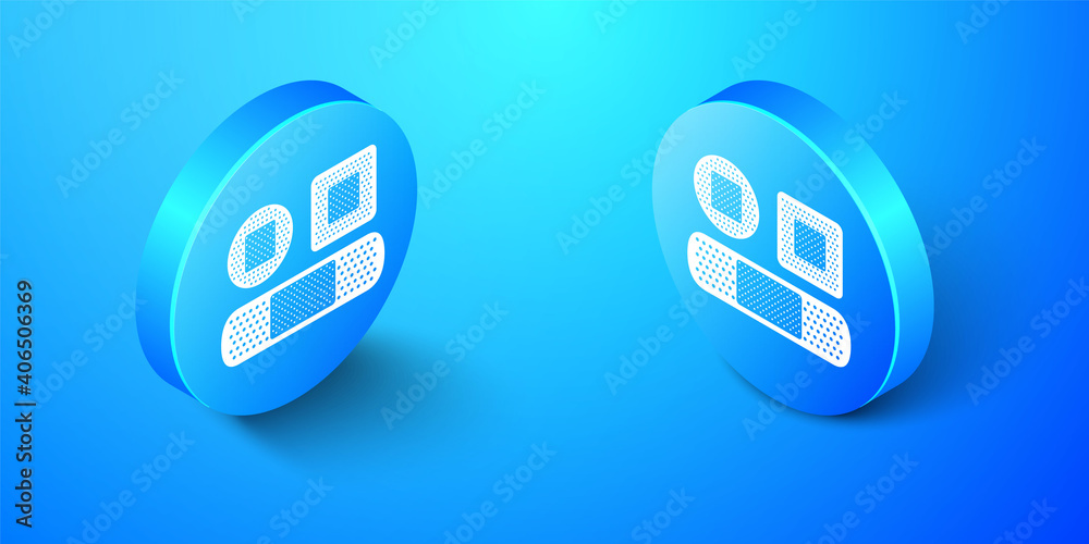 Isometric Set Bandage plaster icon isolated on blue background. Medical plaster, adhesive bandage, flexible fabric bandage. Blue circle button. Vector.