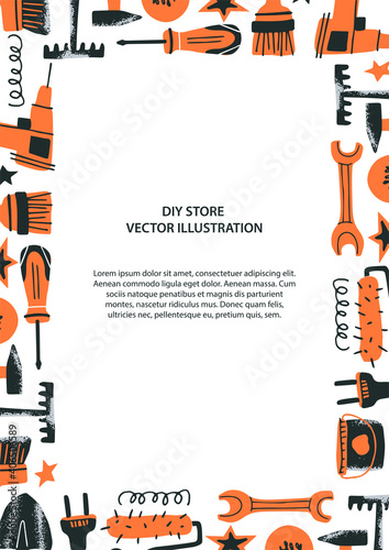 DIY store concept. Flyer template. Vector illustration of tools for home renovation and decor in a flat style. Perfect for hardware store poster, banner