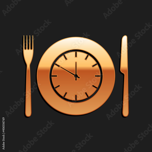 Gold Plate with clock, fork and knife icon isolated on black background. Lunch time. Eating, nutrition regime, meal time and diet concept. Long shadow style. Vector.