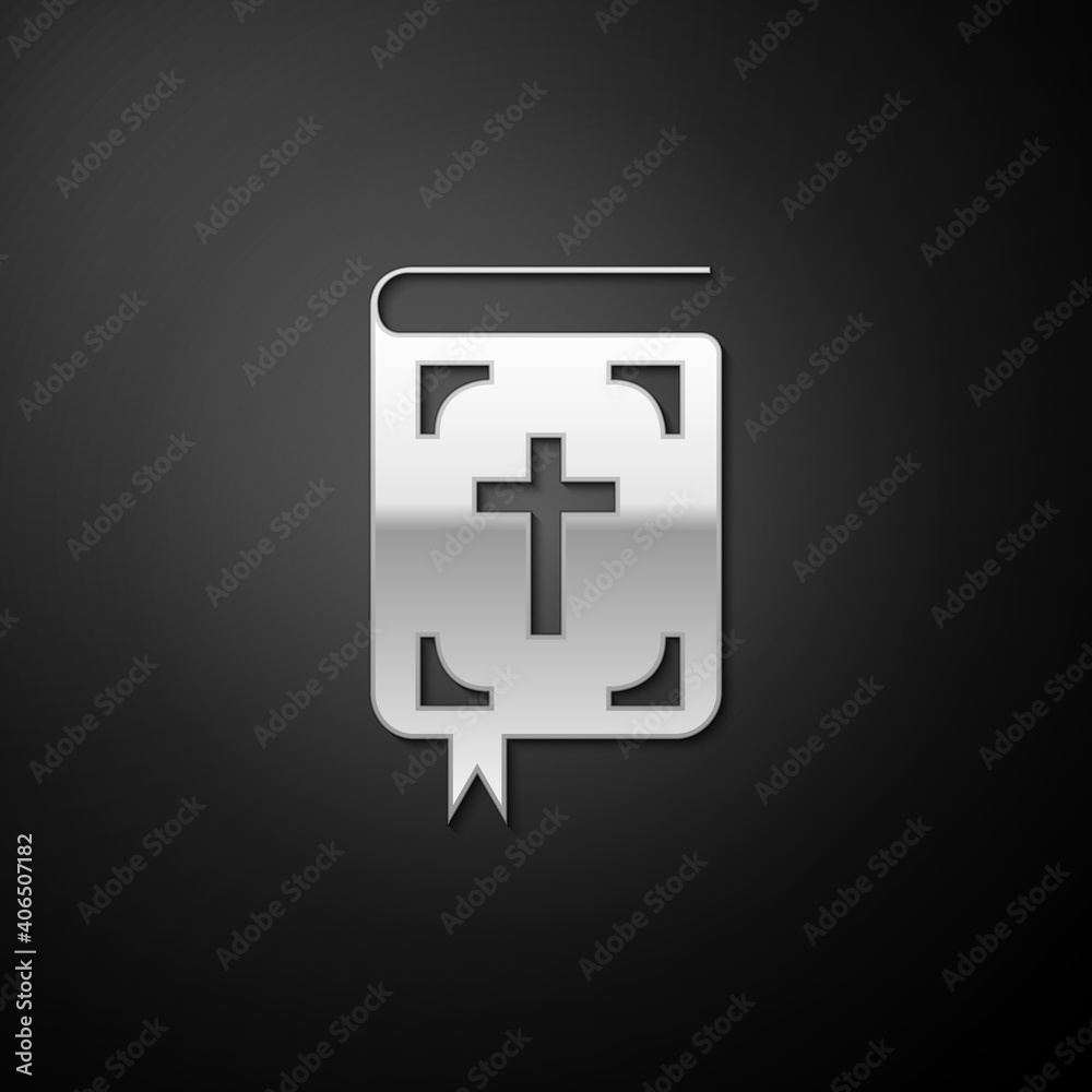 Silver Bible book icon isolated on black background. Holy Bible book sign. Long shadow style. Vector. Silver Bible book icon isolated on black background. Holy Bible book sign. Long shadow style. Vector.