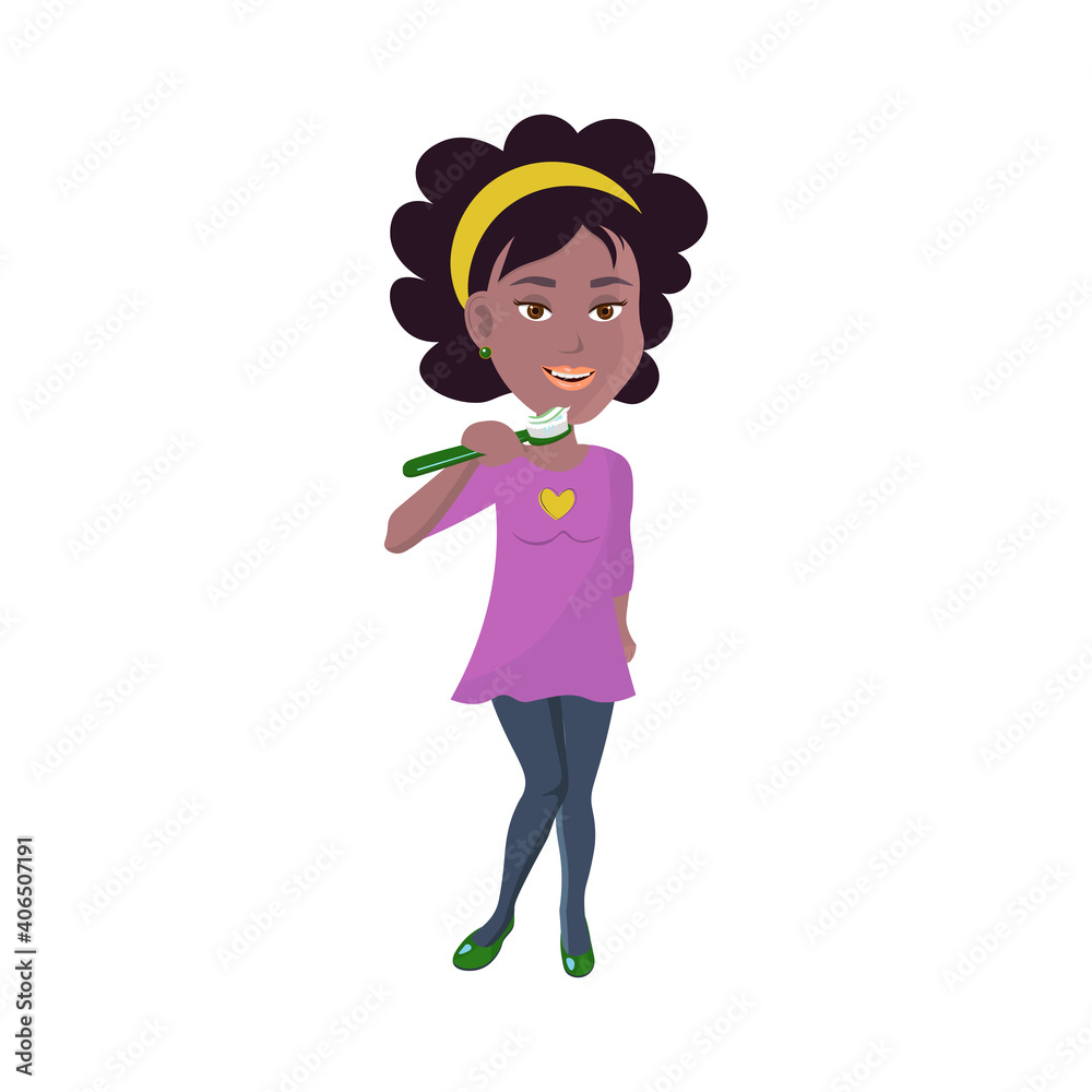 African young woman brushing teeth with toothpaste. One person. Vector illustration. African young woman brushing teeth with toothpaste. One person. Vector illustration.