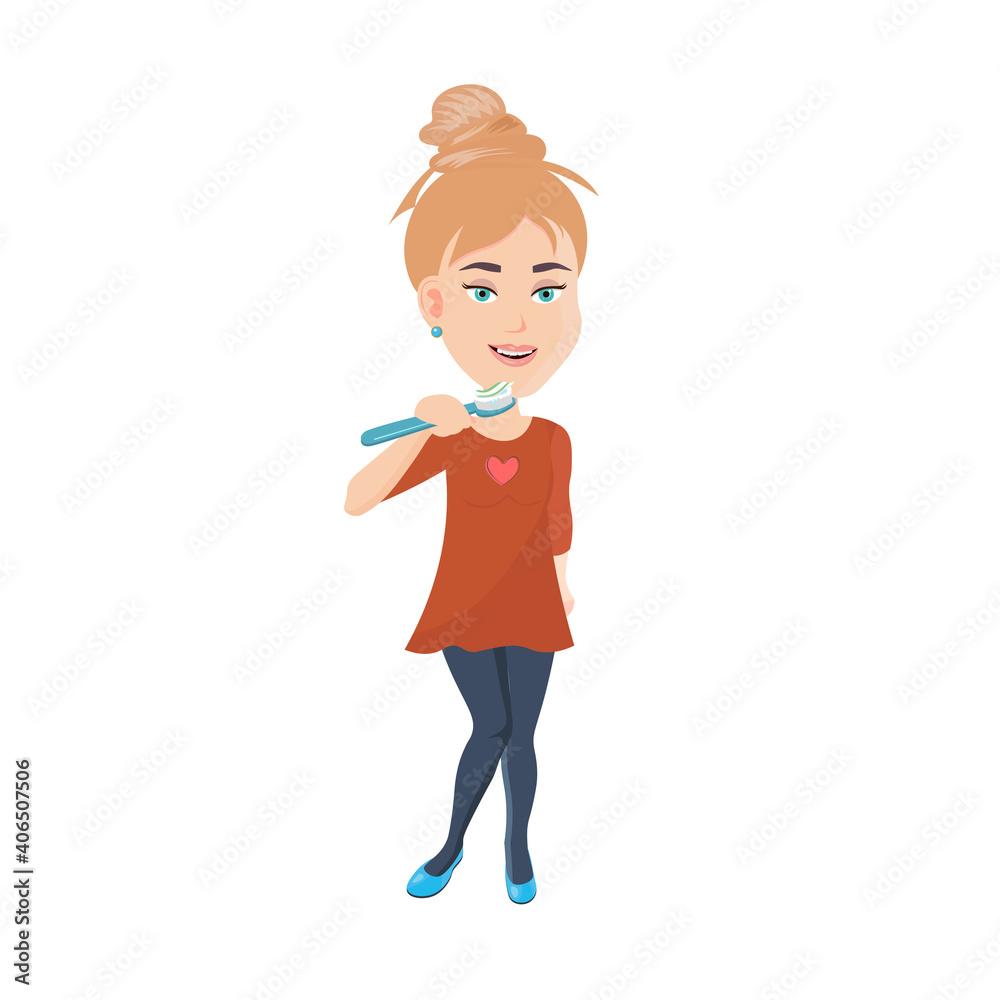 European blonde young woman brushing teeth with toothpaste. One person. Vector illustration.